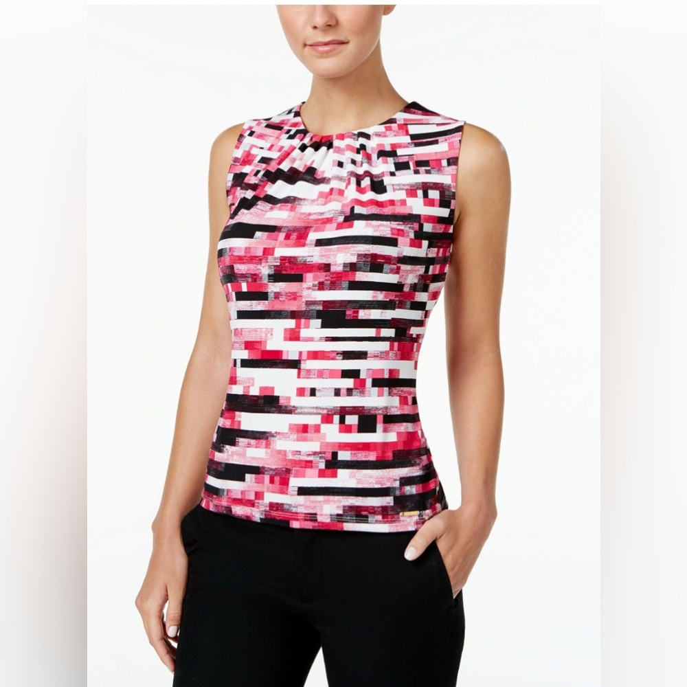 Calvin Klein CK Women's Printed Geometric Abstract Pleat Neck Shell Blouse Top